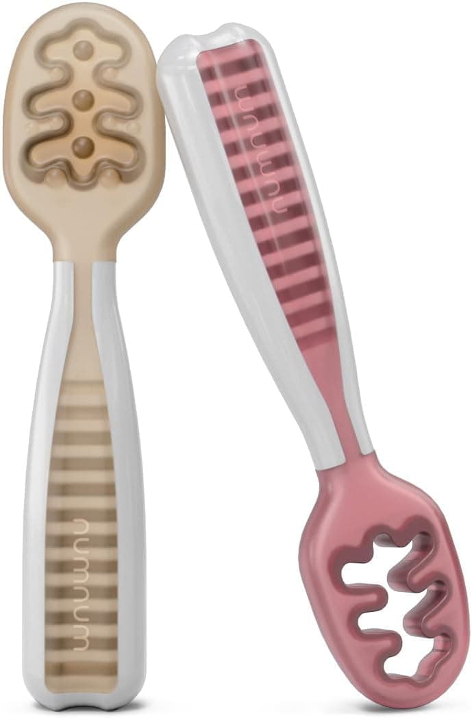 NumNum GOOtensils Cucharas Bebé Aprendizaje - Etapa 1+2 Precucharas de Silicona Bebé 6+ Meses - Autoalimentación BLW Cubiertos Bebé - Baby Led Weaning - Libre de BPA - Pack 2 (Bronceado/Malva)