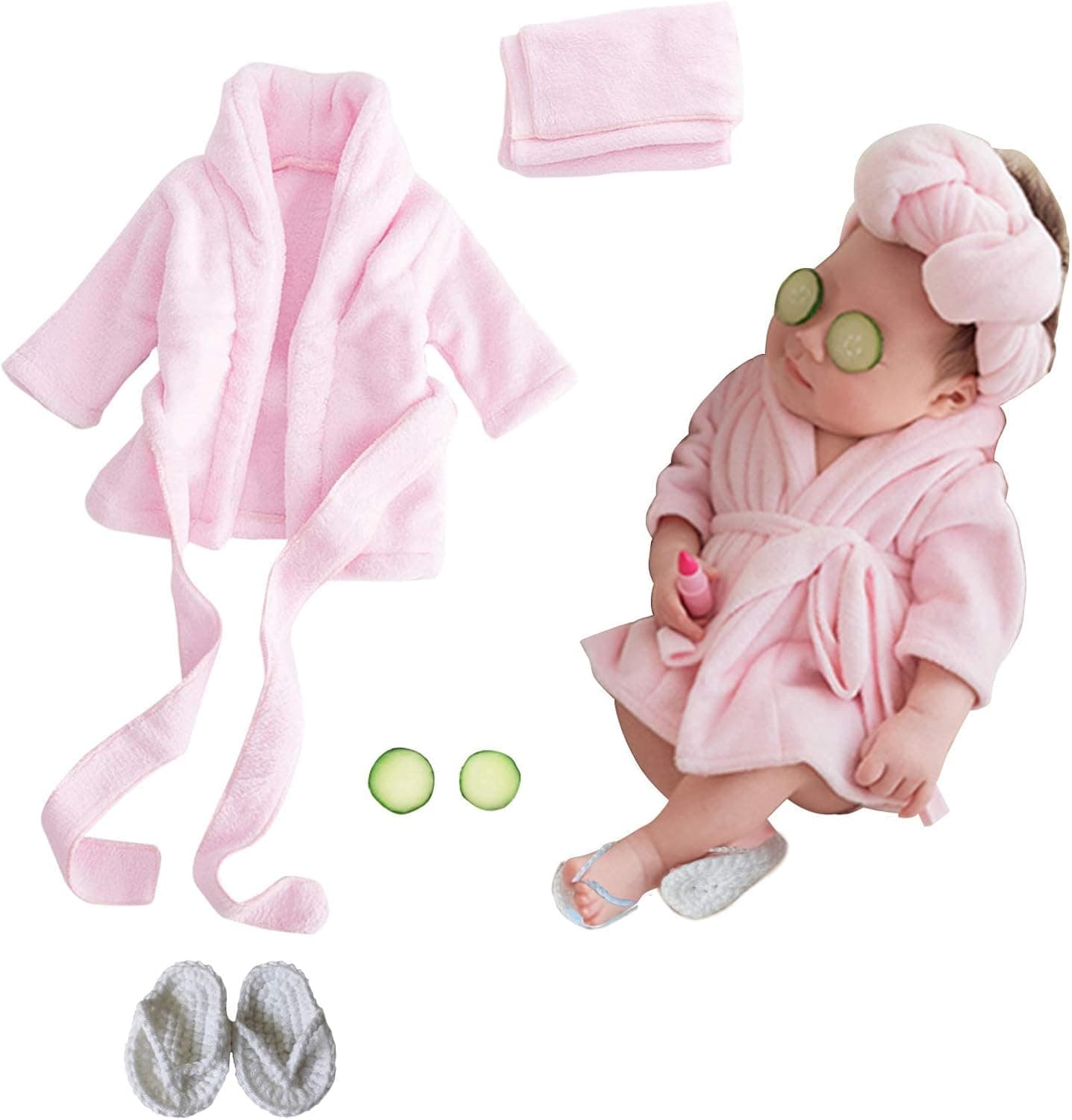 SPOKKI Newborn Photography Props Baby Girl 5 PCS Bathrobes Bath Towel Outfit with Slippers Cucumber Photo Props for Infant Boys Girls(0-6 Months)