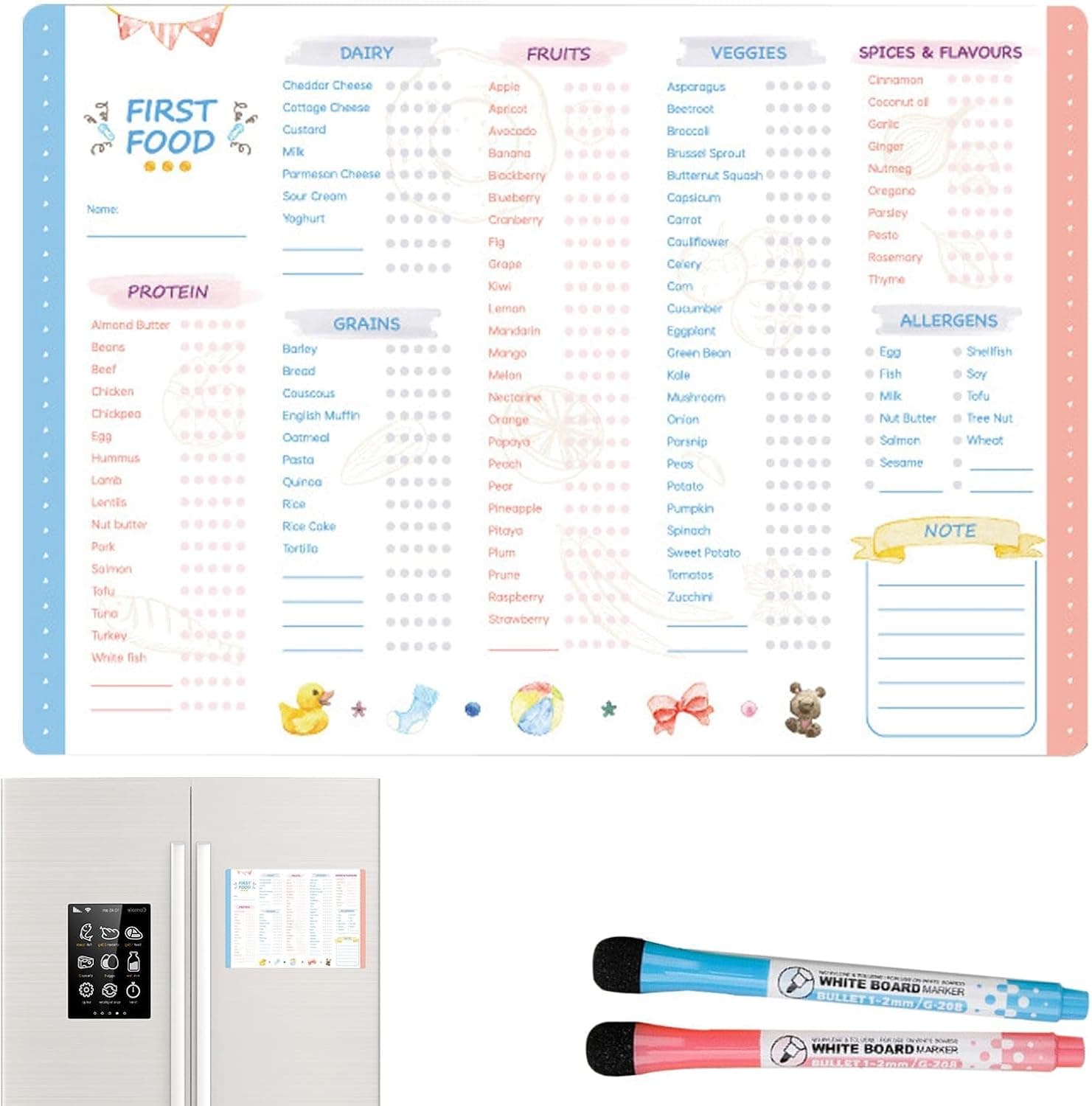 Tabla de primeros alimentos para bebés | Tabla de destete para bebés de 6 meses | Tabla de destete del bebé | Tabla magnética de alimentos diarios | Lista de verificación de alimentos repetibles para