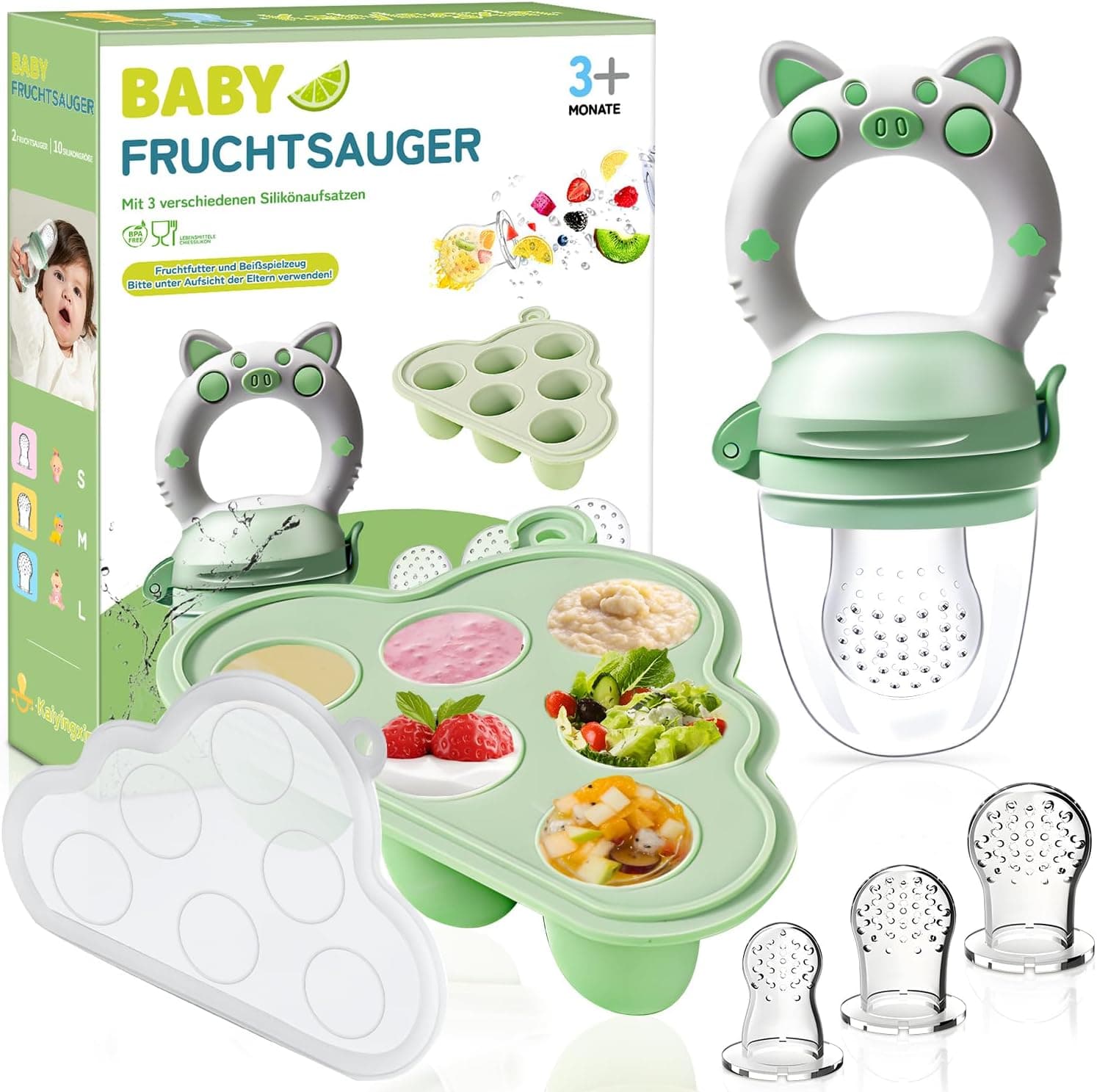 Chupete Fruta Bebe - Chupete para Fruta Bebe + Molde para Helados + Tetinas de Silicona en 3 Tamaños, Alimentador Antiahogo Bebe para 3 a 24 Meses