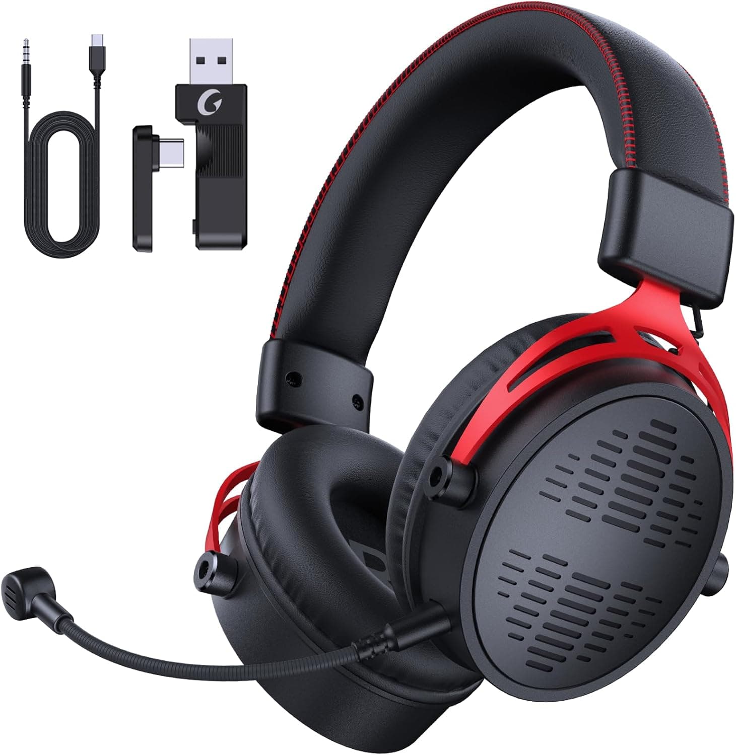 Wireless Gaming Headset, 2.4GHz Gaming Headset for PC, PS5, PS4, Switch, 60H Long Lasting Battery, Detachable Noise Cancelling Microphone, BlackRed