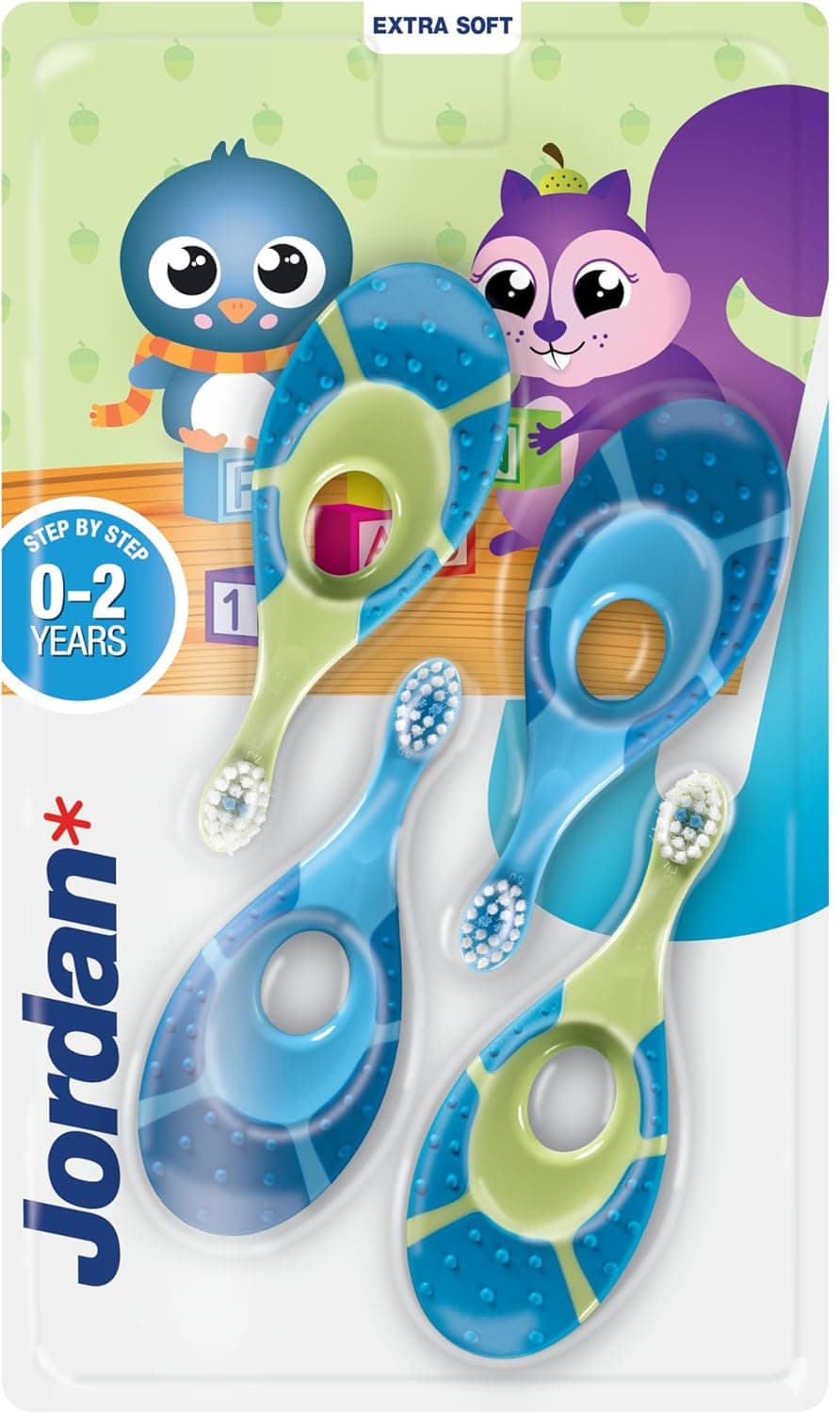 Jordan ® | Step 1 | Cepillo de dientes para bebé 0-2 años | Original con cerdas extra suaves, anillo de mordida suave para encías y fácil agarre | Pack 4 Unidades | Azul y verde