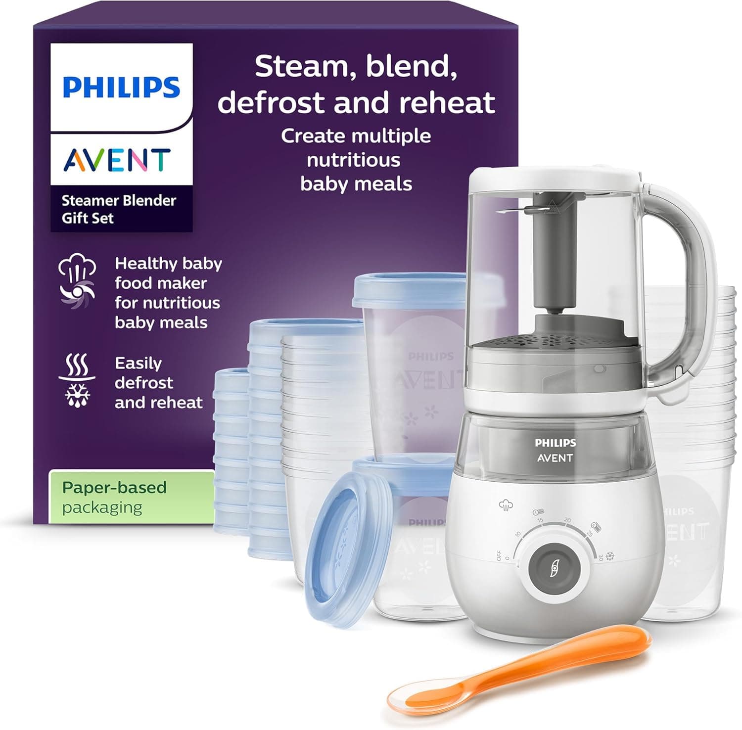 Philips Avent set de regalo de batidora con vaporera: robot de cocina infantil 4 en 1, cocine al vapor, bata, descongele y vuelva a calentar la comida, con vasos de almacenamiento y tapas, SCF883/20