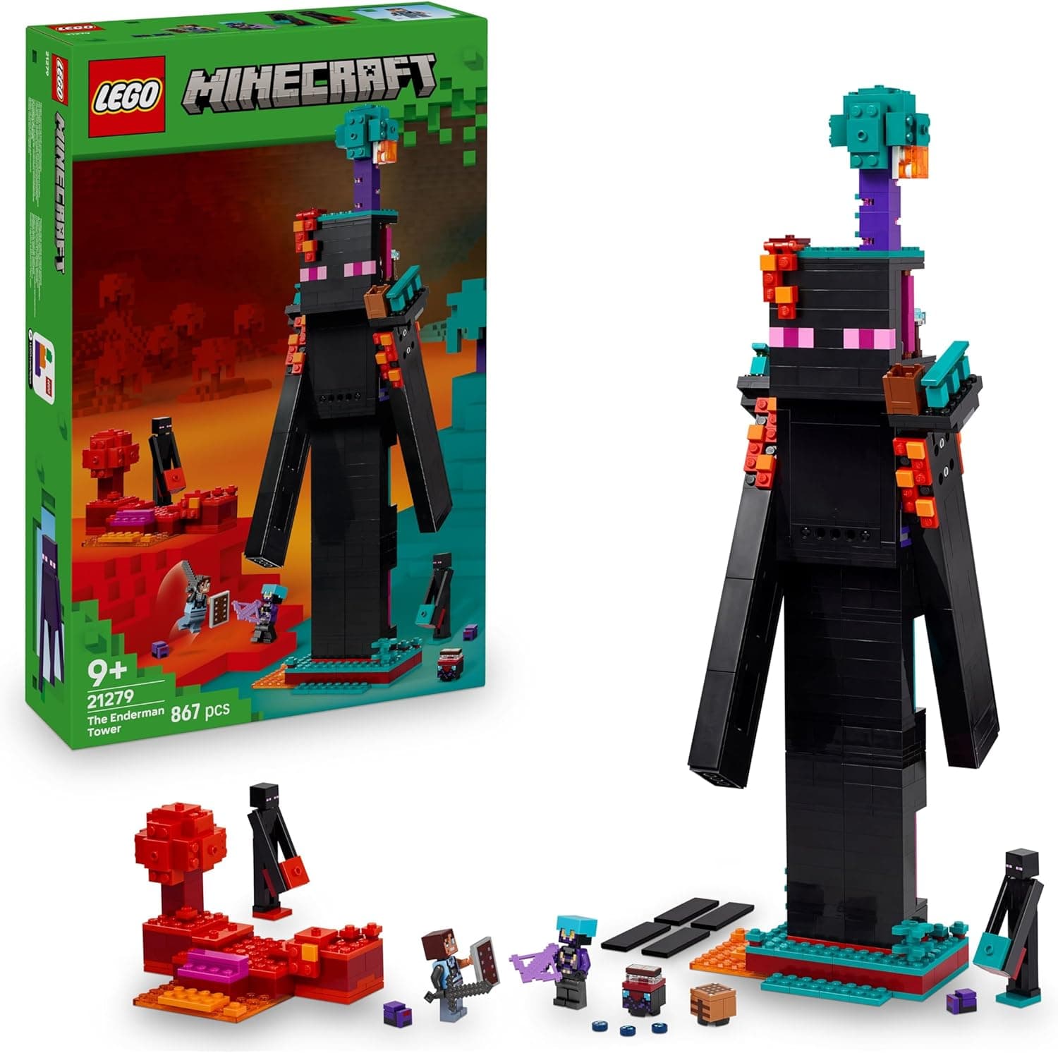 LEGO Minecraft 2 en 1 La Torre del Enderman - Juguete Modular Convertible en 2 Fortalezas - Figuras de Endermans, Endermitas y Portal de Inframundo - Regalo Gamer para Niños y Niñas de 9+ Años 21279