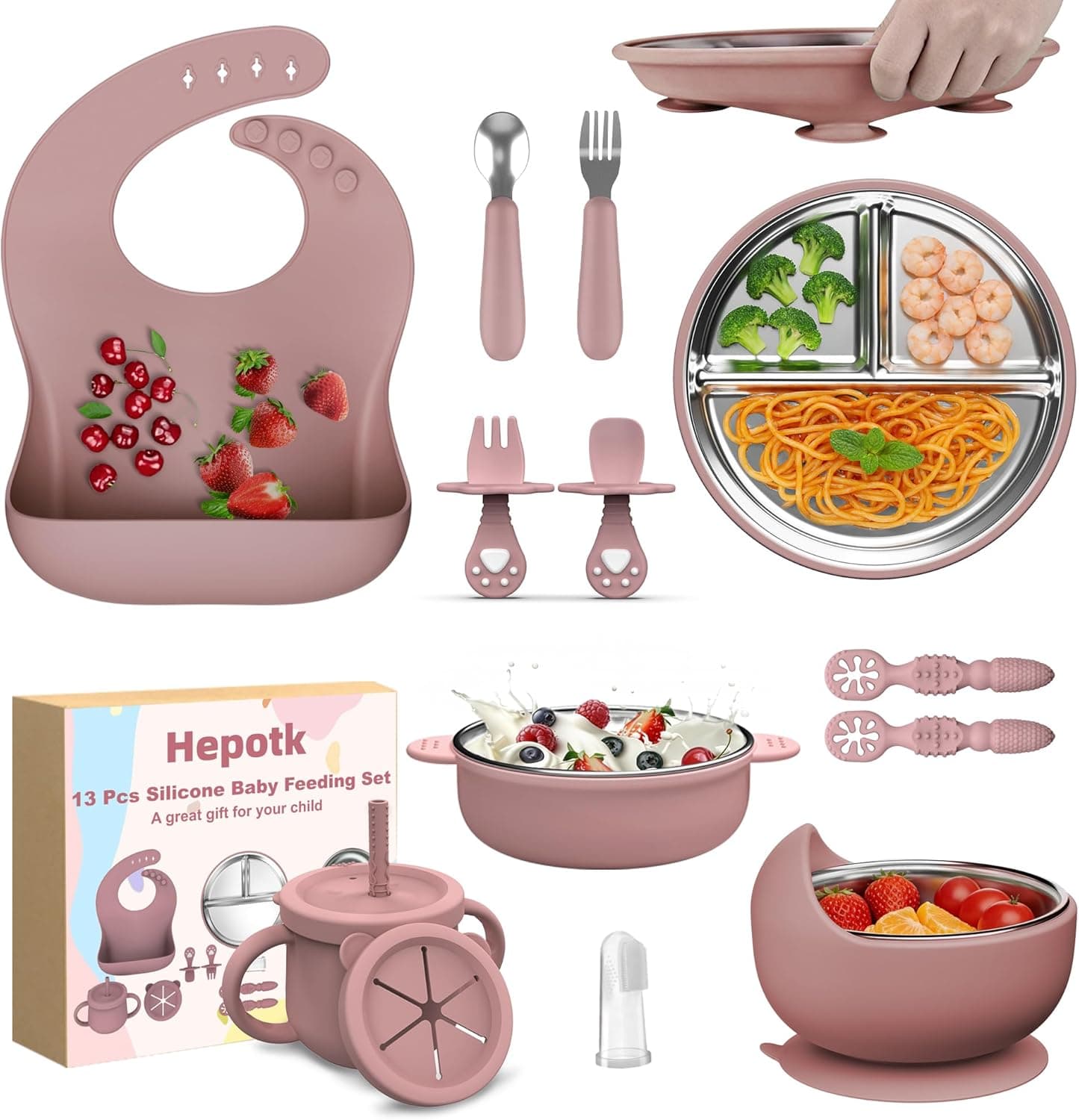 13 Pack Silicone Baby Feeding Set, BPA-Free Stainless Steel Toddler Feeding Supplies, Include Suction Plates, Baby Bowls, Silicone Fork & Spoon, and More, First Stage Baby Dish Set - 6+ Months