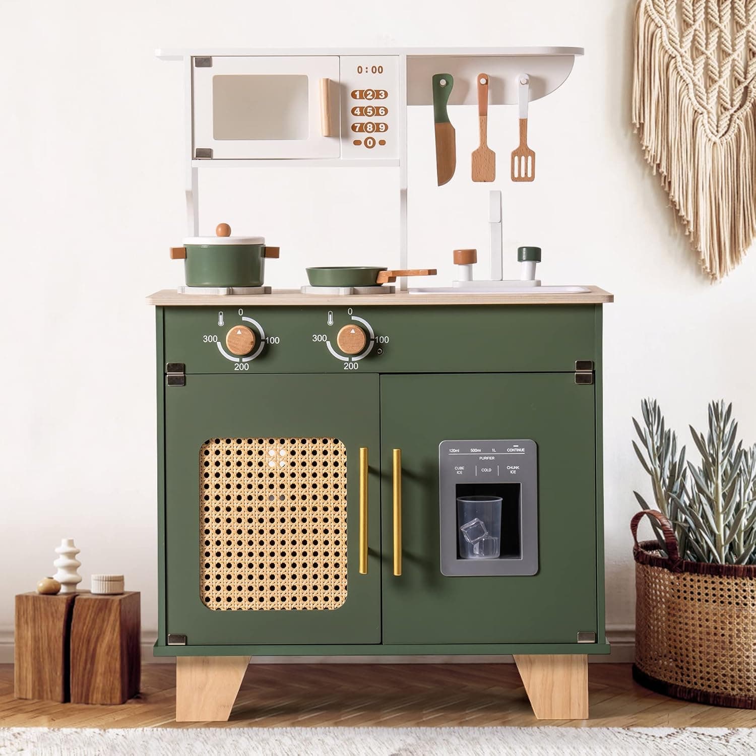 ROBUD Ensemble de cuisine en bois pour enfants, cuisine de jeu avec distributeur de glaçons et accessoires, ensemble de cuisine pour tout-petits pour enfants, cadeaux pour filles et garçons de 3 à 8