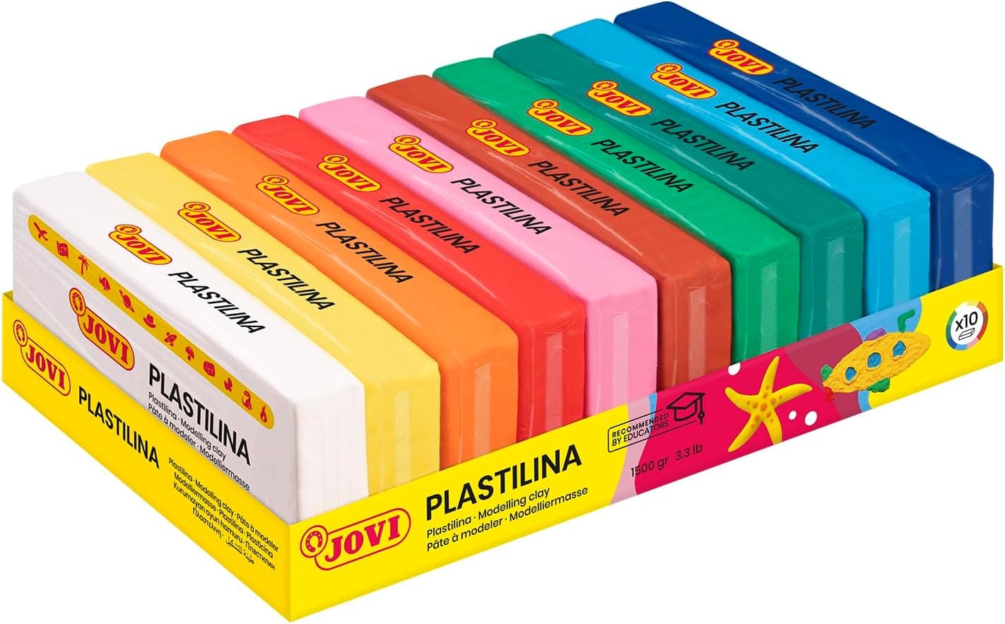 Jovi - Bandeja de plastilina, 10 pastillas, 150 g, colores surtidos (71/10S) | Base vegetal, no tóxica, sin gluten, para niños a partir de 3 años, reutilizable, ideal para manualidades y juegos