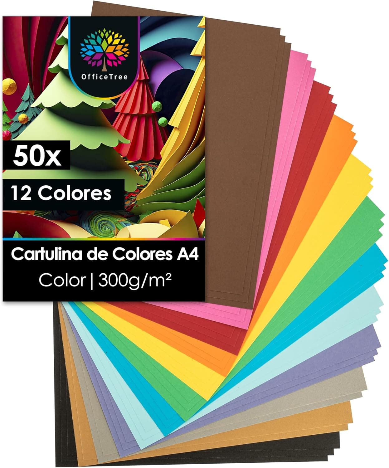 OfficeTree 50x Cartulinas de Colores A4 300g - 12 Colores - Cartulinas Colores A4 para Manualidades y Imprimir - Cartulina de Colores - Coloured Card - Cartulina Colores