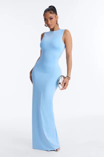 Contour Double Lined Crew Neck Sleeveless Maxi Dress - Light Blue | Fashion Nova