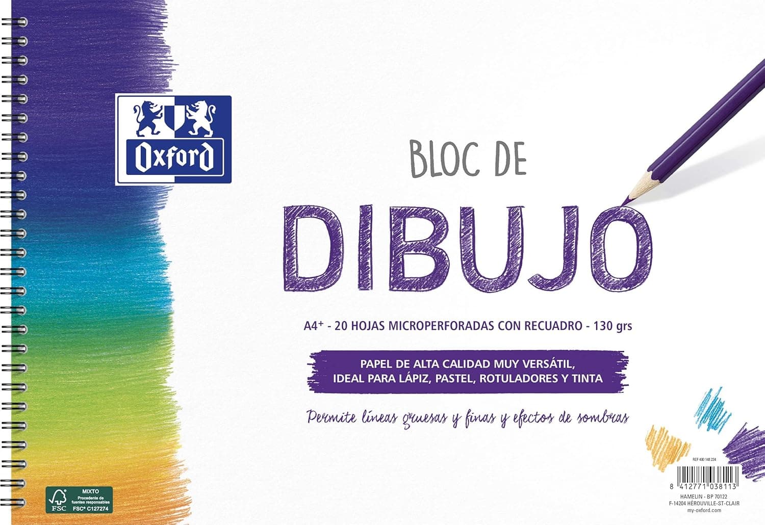 Oxford, Bloc Dibujo A4 Espiral. Tapa Blanda, Contratapa Rígida, 20 Hojas. Papel 130 gr con Recuadro.