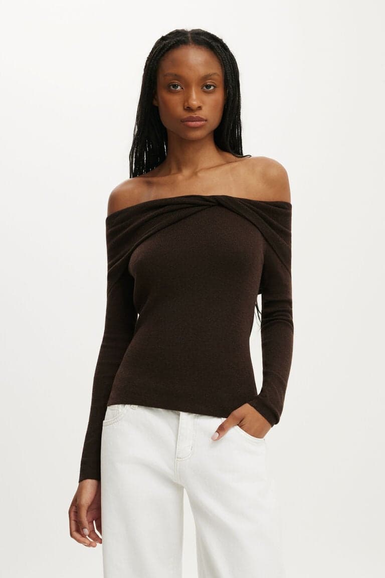 Women’s Brown Tricôs - Twist Off Shoulder Ls Knit | Cotton On Brazilicon/flag/ukUAE Flag biggericon/flag/ukUAE Flag biggericon/flag/ukUAE Flag bigger
