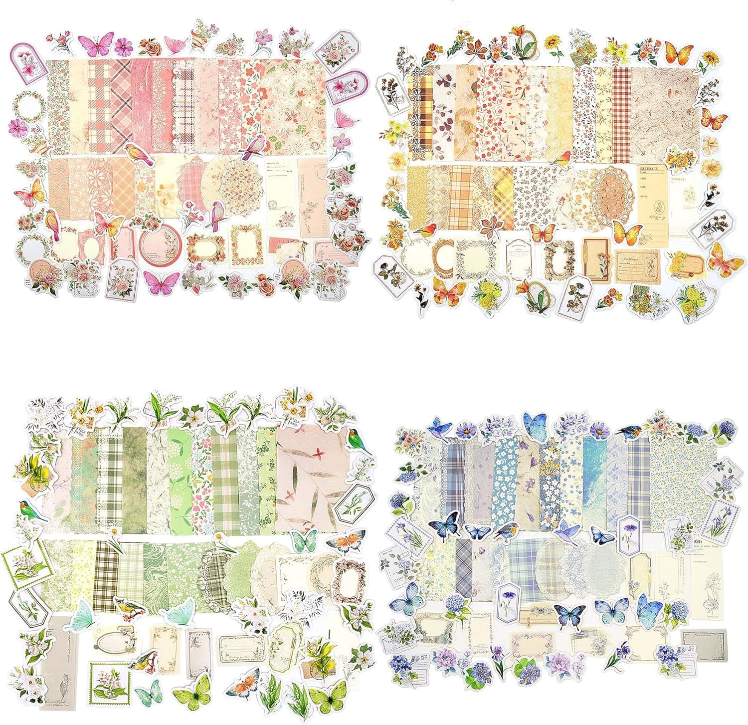 Vintage Floral Scrapbook Paper & Journaling Stickers (400pcs) Assorted Set - 4 Pack Junk Journal Supplies for Bullet Journaling, Retro Crafts, Planner, Mixed Media, Collage Card Album