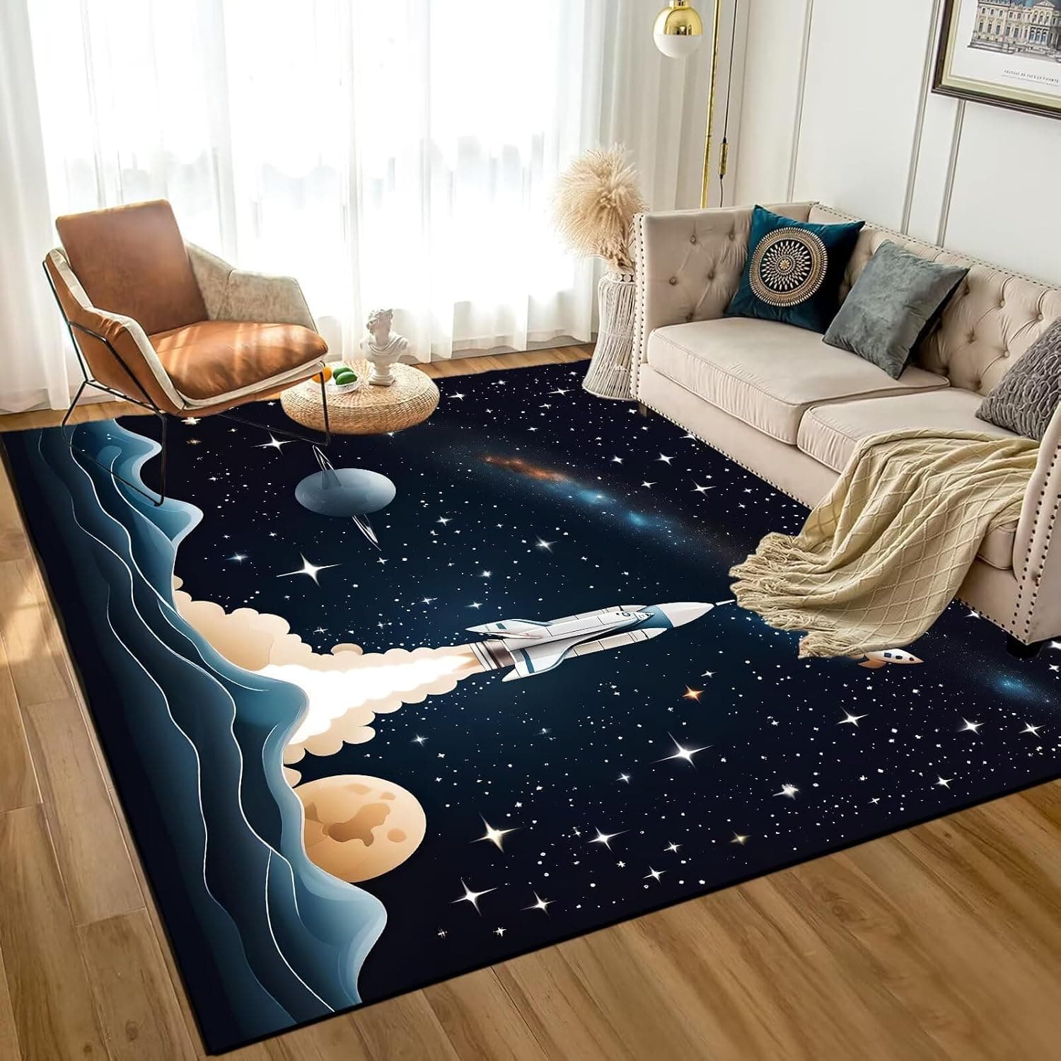 6' x 9' Space Rocket Rug for Kids Bedroom Black Stars Rugs Galaxy Carpet Planet Printed Throw Rugs for Boys Teens Living Room,180x275cm