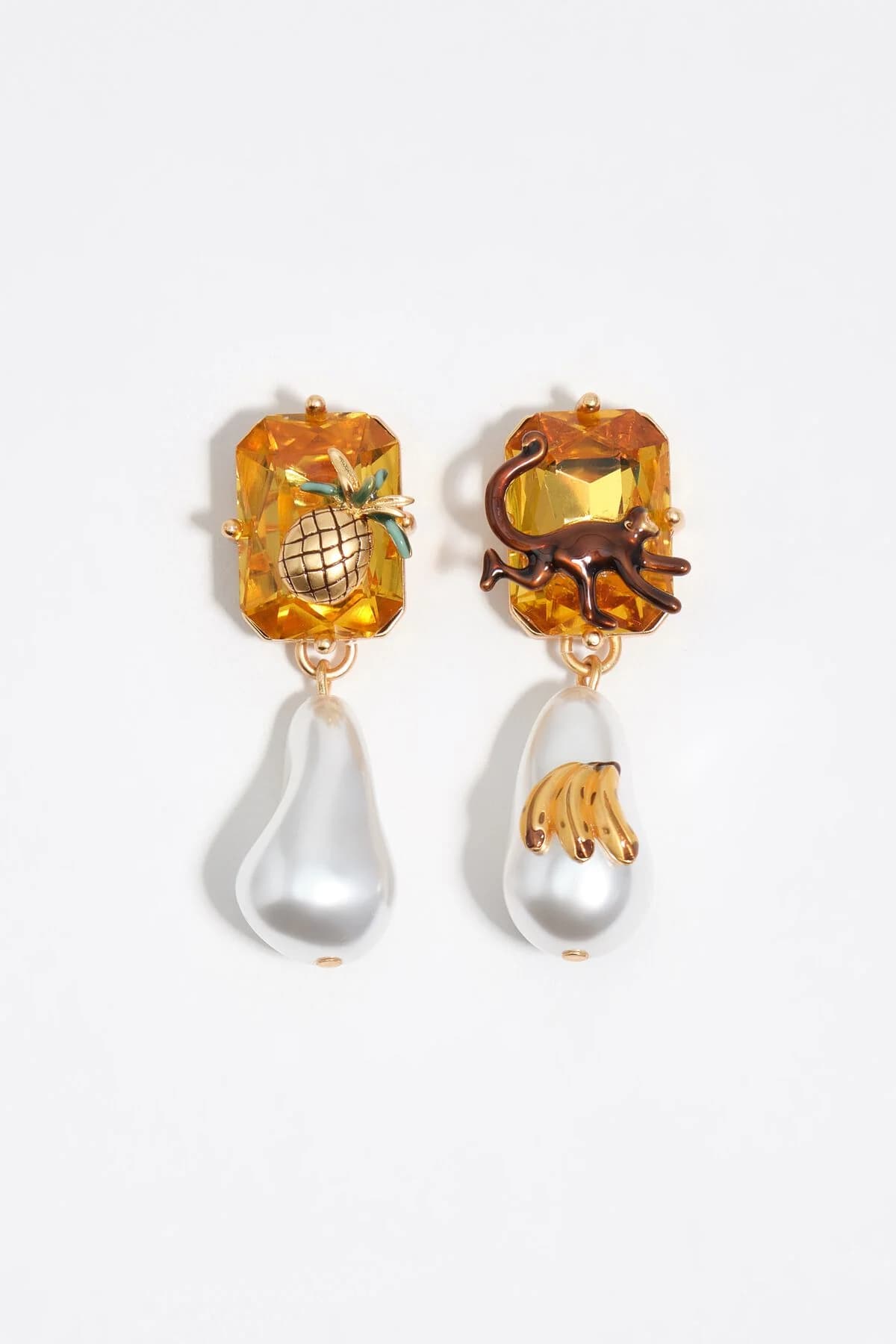 Ohrringe Topaskristall und Perle mit Affe, Ananas und Banane