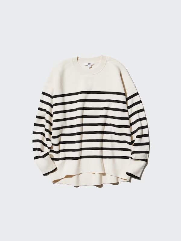 Smooth Cotton Relaxed Striped Long Sleeve Crew Neck Sweater