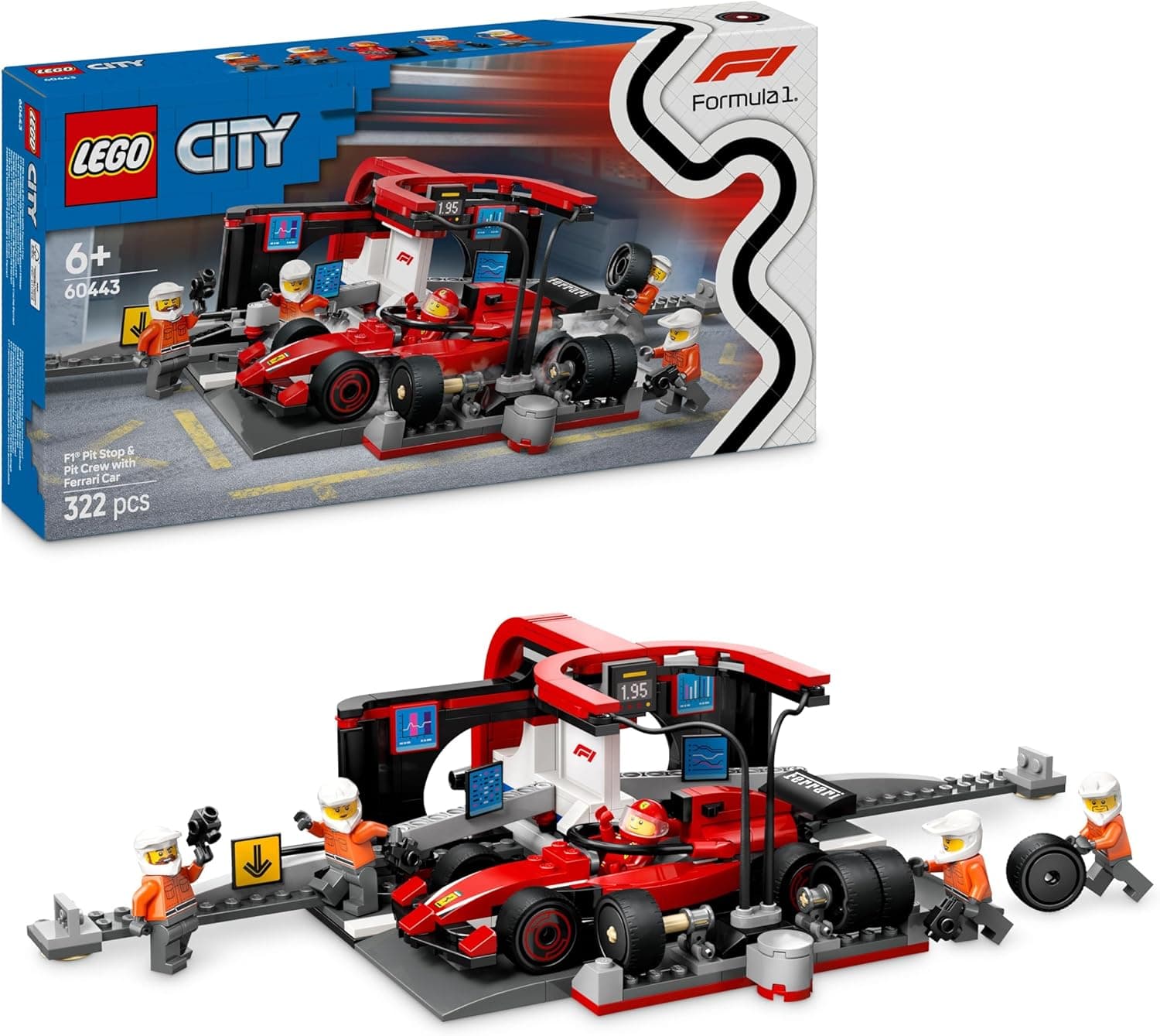LEGO City Parada en Boxes de F1 y Equipo de Mecánicos con Coche Ferrari de Juguete para Niños y Niñas de 6+ Años, Maqueta de Carreras de Fórmula 1 con Pit Stop y Minifigura de Piloto 60443