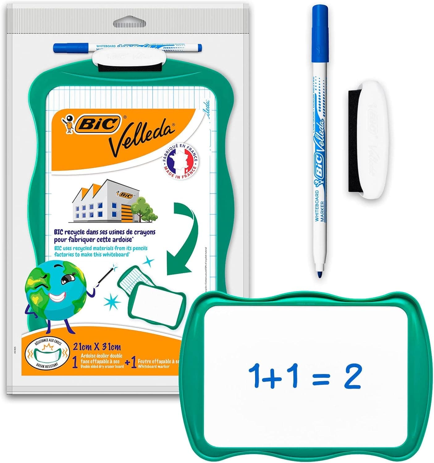BIC Velleda Pizarra Blanca Pequeña de Doble Cara con 1 Borrador y 1 Rotulador Azul, Material Oficina, 21x31cm, Óptimo para material escolar