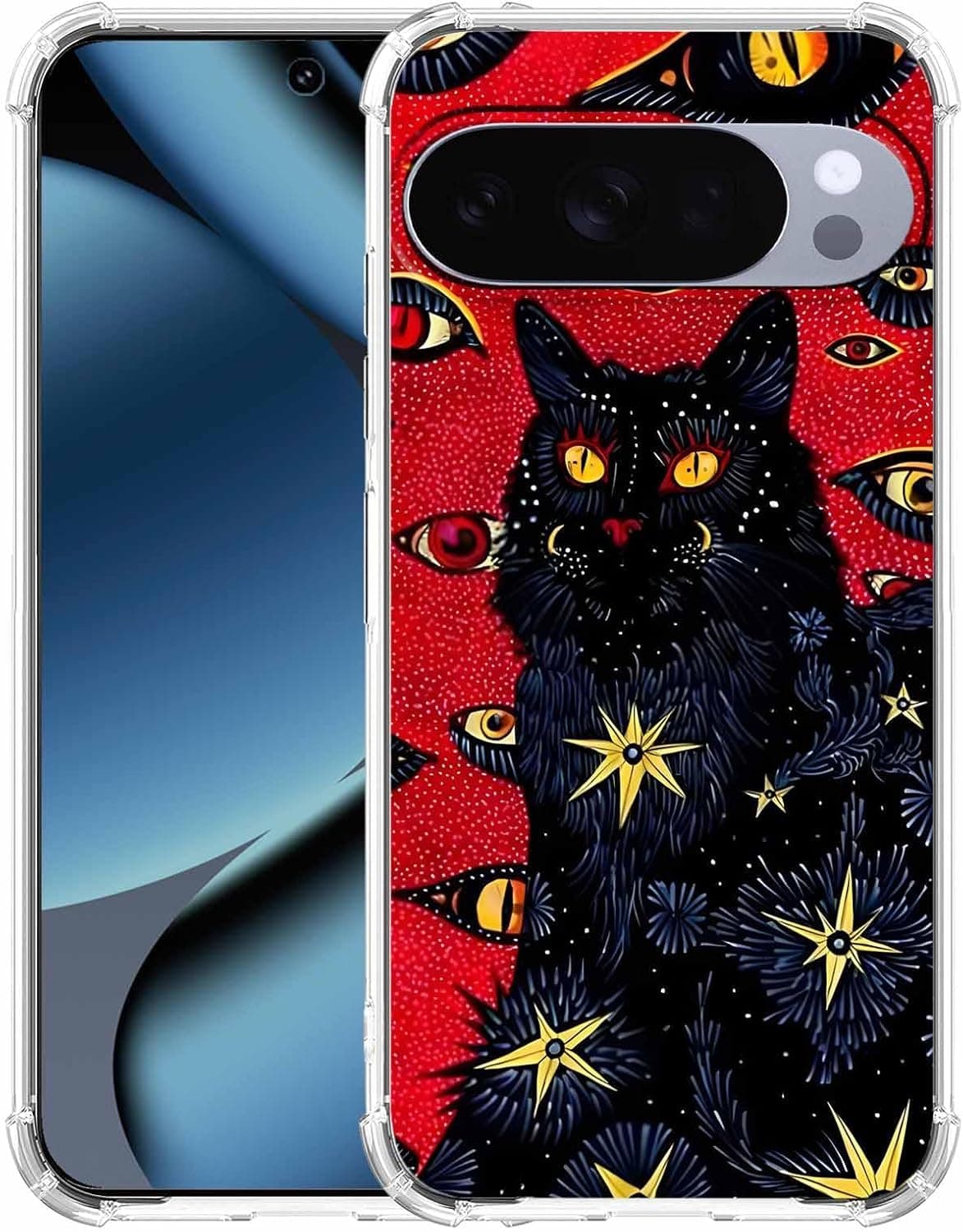 Case for Google Pixel 10/10 Pro with Hippie Art Design,Trippy Cute Cool Black Cat Pattern,Clear Slim Soft TPU Bumper Phone Cover,6.3”(Cat,P10)