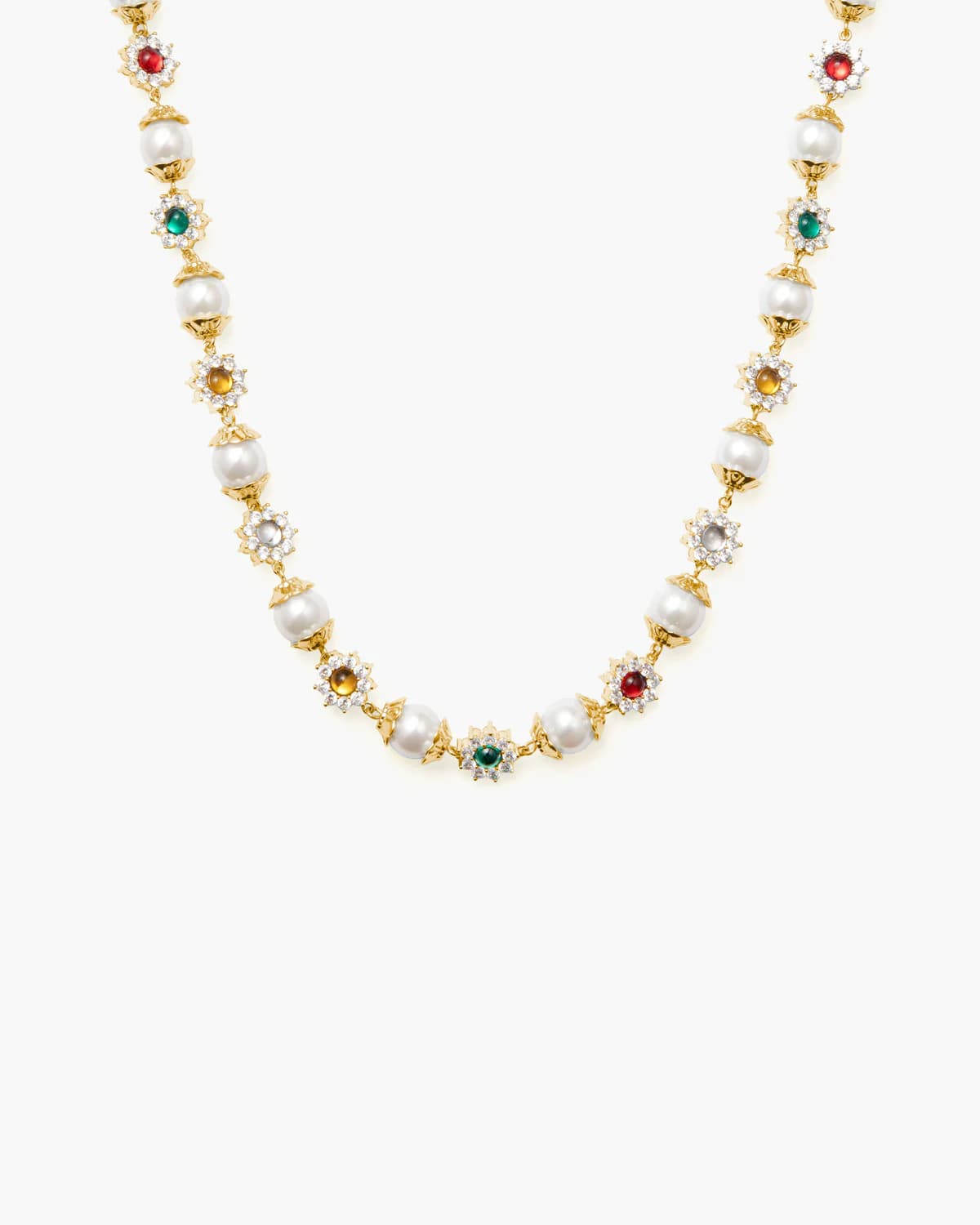 Daisy Pearl Necklace | Silver Petals & Red Green Gems | en route jewelry