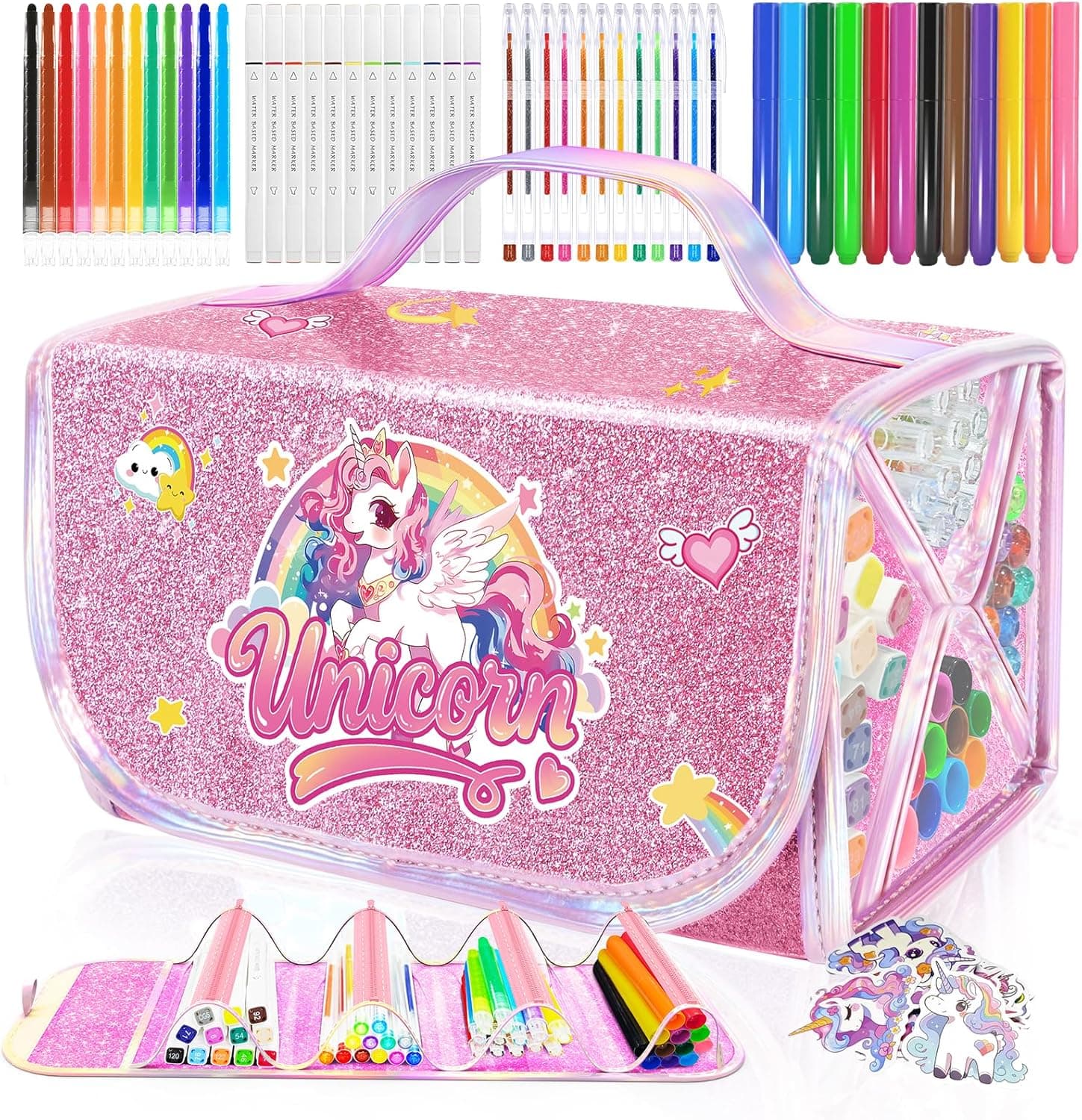 JYPS Unicornio Maletin Pinturas para Niña con Estuche, 70 Piezas Lavable Rotuladores para Colorear Juego de Pintura, Crayones, Acuarelas, Maletin de Colores Dibujo Juguetes Regalo Niños 3 4 5 6 7 años