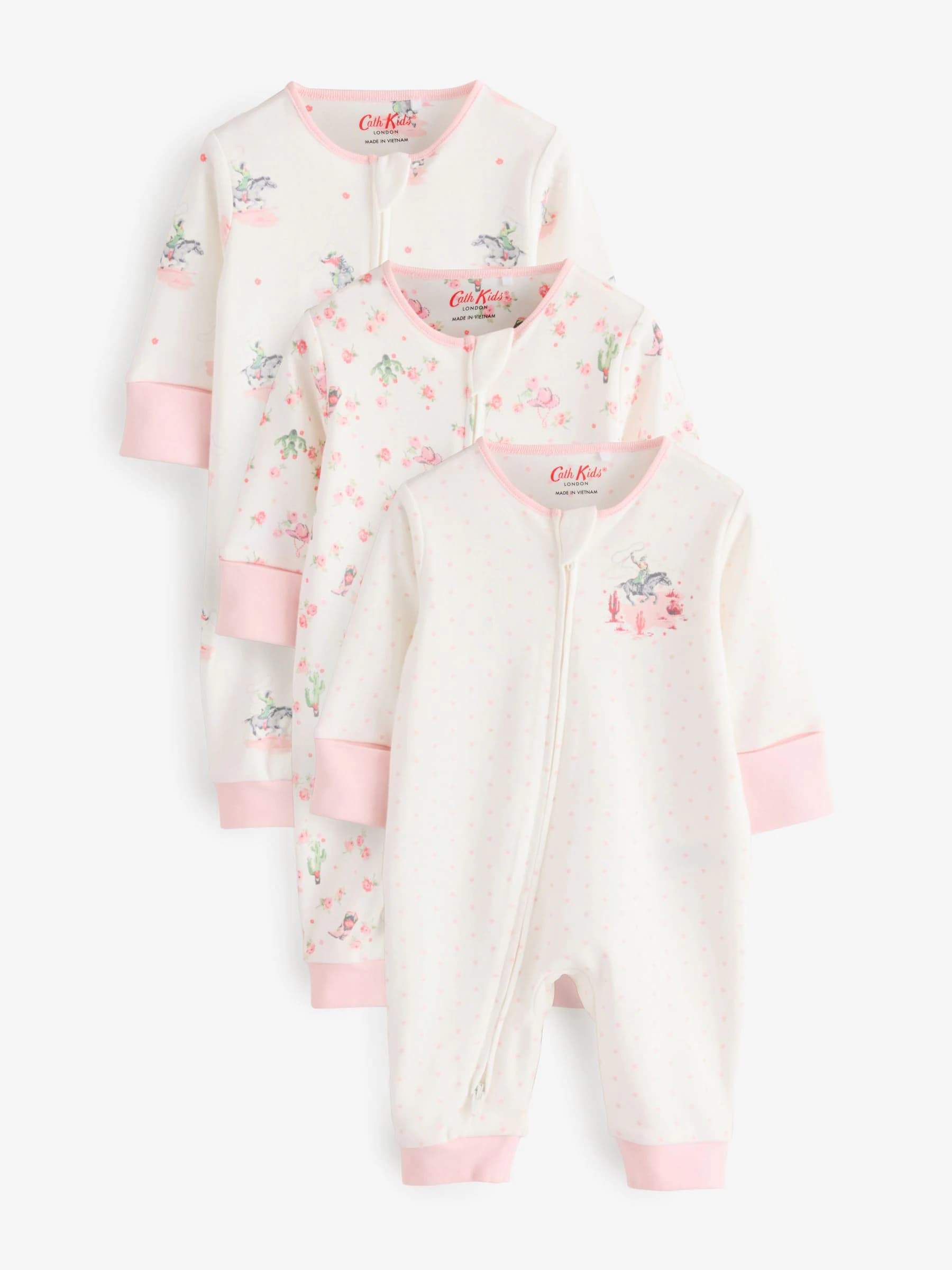 Pink/White Cath Kidston Floral Baby 100% Cotton Sleepsuits 3 Pack - Size First Size
