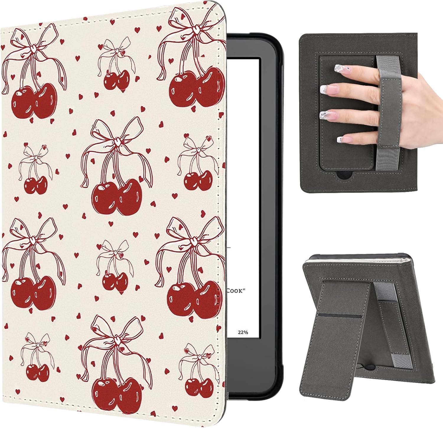 Case for 6.8" Kindle Paperwhite (11th Gen-2021), Slim Foldable Stand PU Shell KPW5 Cover with Hand Strap, Auto-Wake/Sleep Protective Case for Women, Cherry