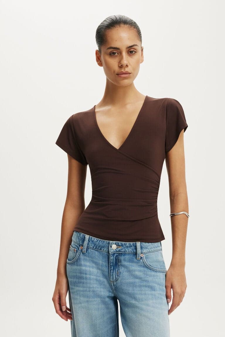 Women’s Brown Short - Marlo Wrap Short Sleeve | Cotton On Brazilicon/flag/ukUAE Flag biggericon/flag/ukUAE Flag bigger