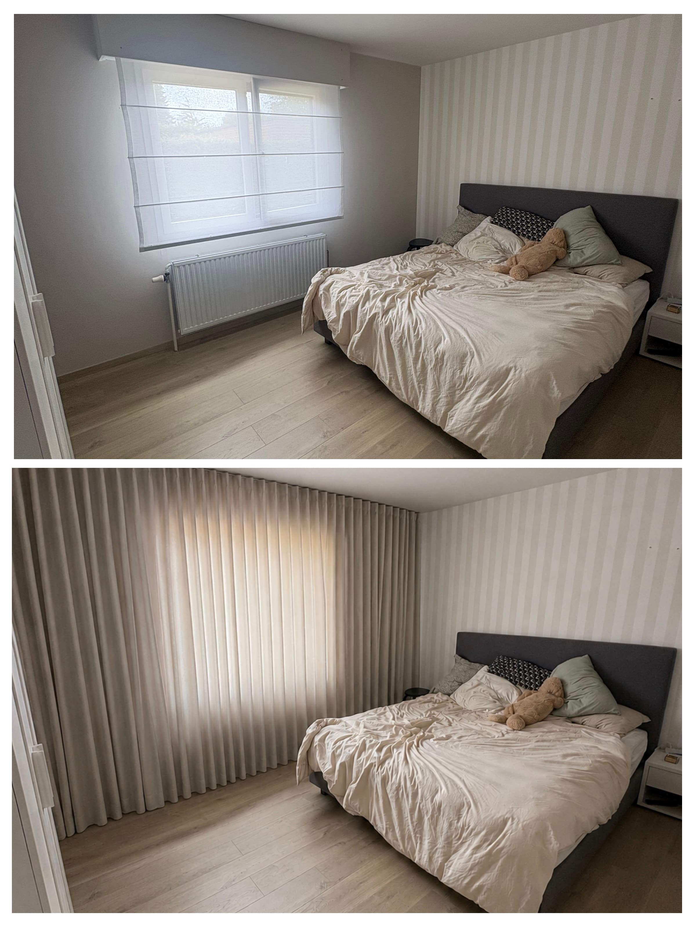 Gordijnen over volledige lengte + breedte slaapkamer muur 