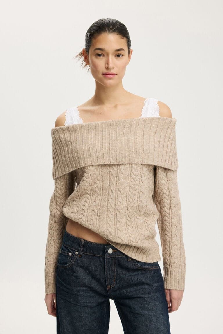 Women’s Beige Tricôs - Fluffy Cable Off Shoulder Knit | Cotton On Brazilicon/flag/ukUAE Flag biggericon/flag/ukUAE Flag biggericon/flag/ukUAE Flag bigger