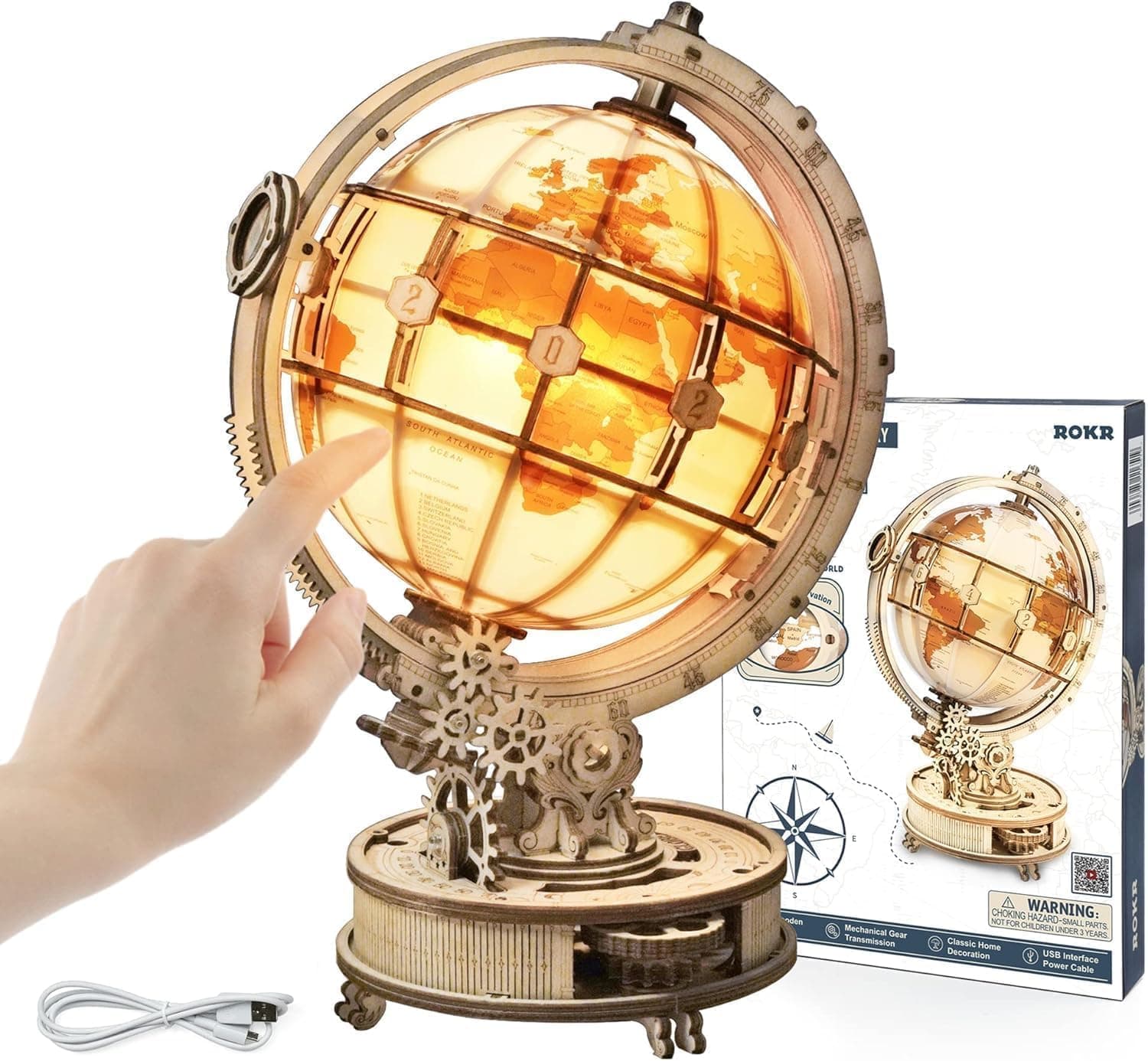 ROKR Puzzle 3D Madera Globo Luminoso Maquetas de Madera para Construir Maquetas para Montar, 180 Piezas, Luminous Globe