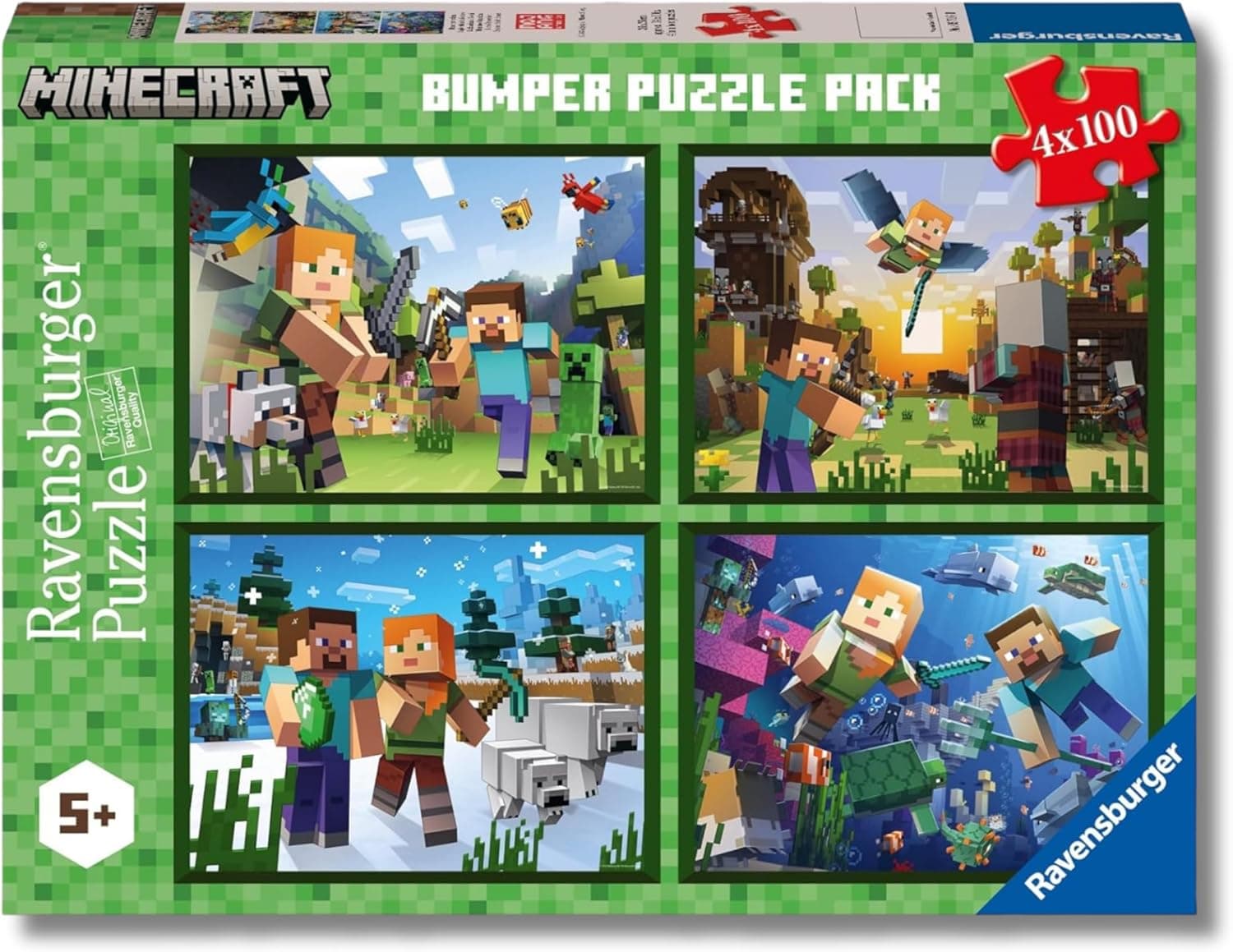 Ravensburger - Puzzles Minecraft Pack De 4 | Puzzle 5 Años O Más | Regalo Niño 5 Años O Más De 100 Piezas Cada Uno | Rompecabezas Niños De 36 X 26 Cm Puzzle