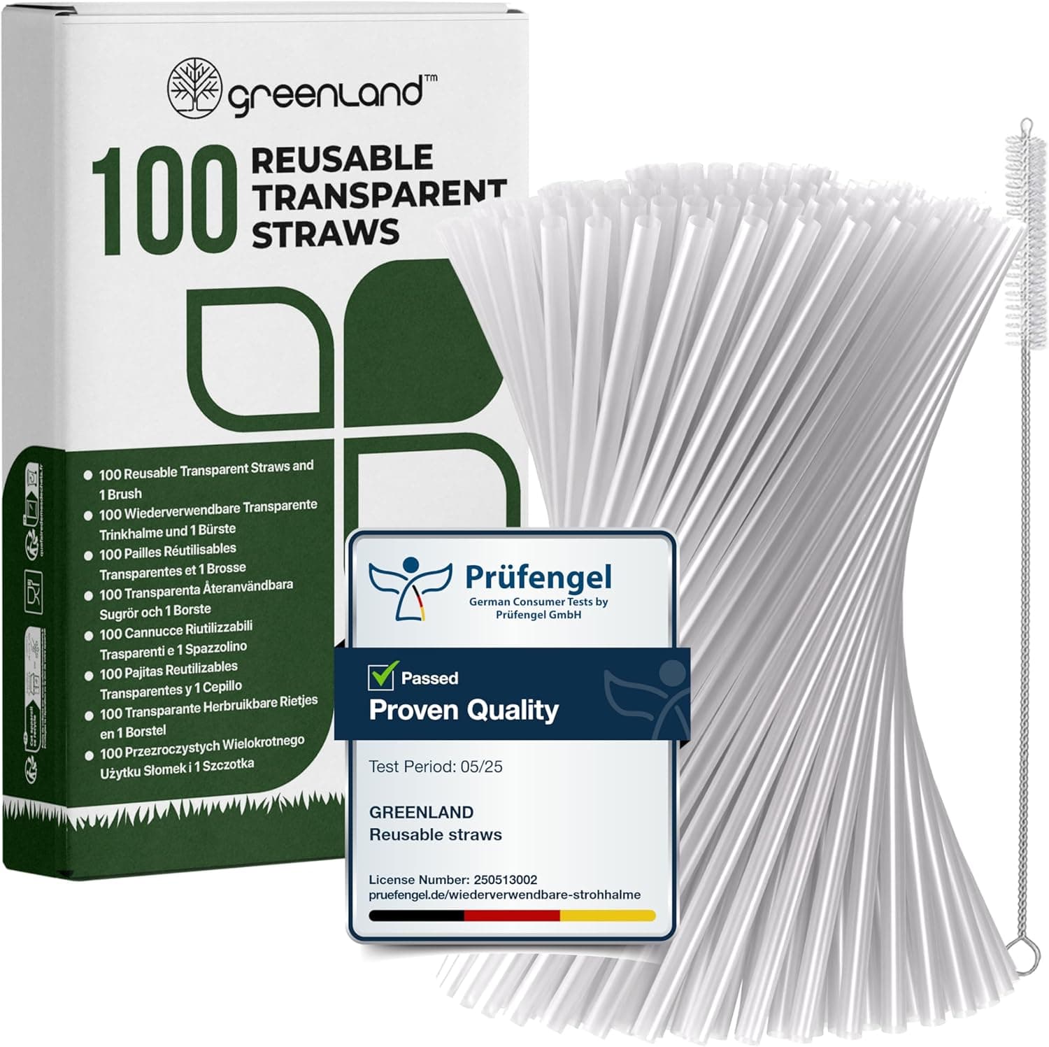 Greenland 100 herbruikbare transparante rietjes met borstel – 21 cm lang, 6 mm breed – Perfect voor cocktails, melk, sap, thee (drinkrietjes)
