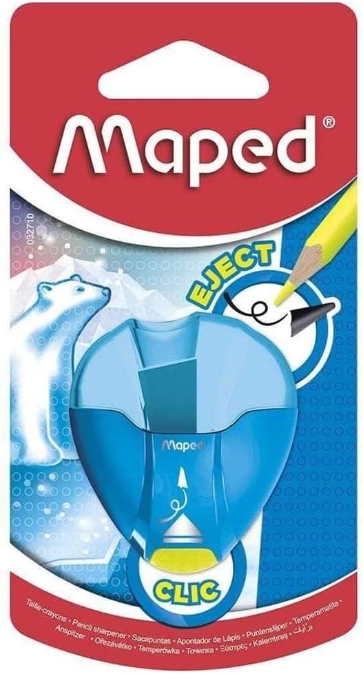Maped - Material Escolar - Sacapuntas I Gloo Eject - Sacapuntas con Depósito - Expulsa las Minas Rotas - 1 Orificio para Afilar - Tamaño Compacto para el Estuche - 3 Diseños Diferentes