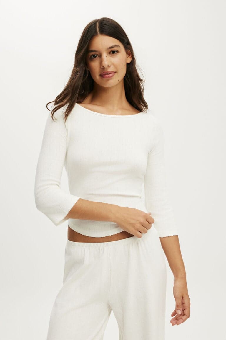 Women’s White Dreamy Soft Pointelle 3/4 Long Sleeve Top | Cotton On Body Brazilicon/flag/ukUAE Flag biggericon/flag/ukUAE Flag biggericon/flag/ukUAE Flag bigger
