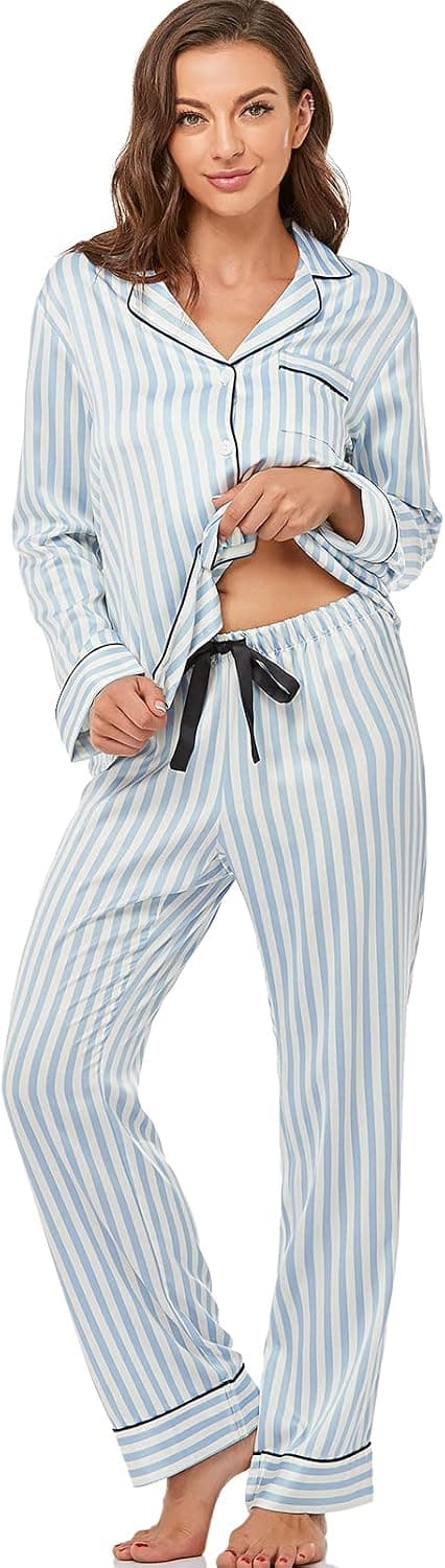 Serenedelicacy Women's Satin Pajama Set Long Sleeve Button Down Sleepwear 2-Piece Silky Pj Set
