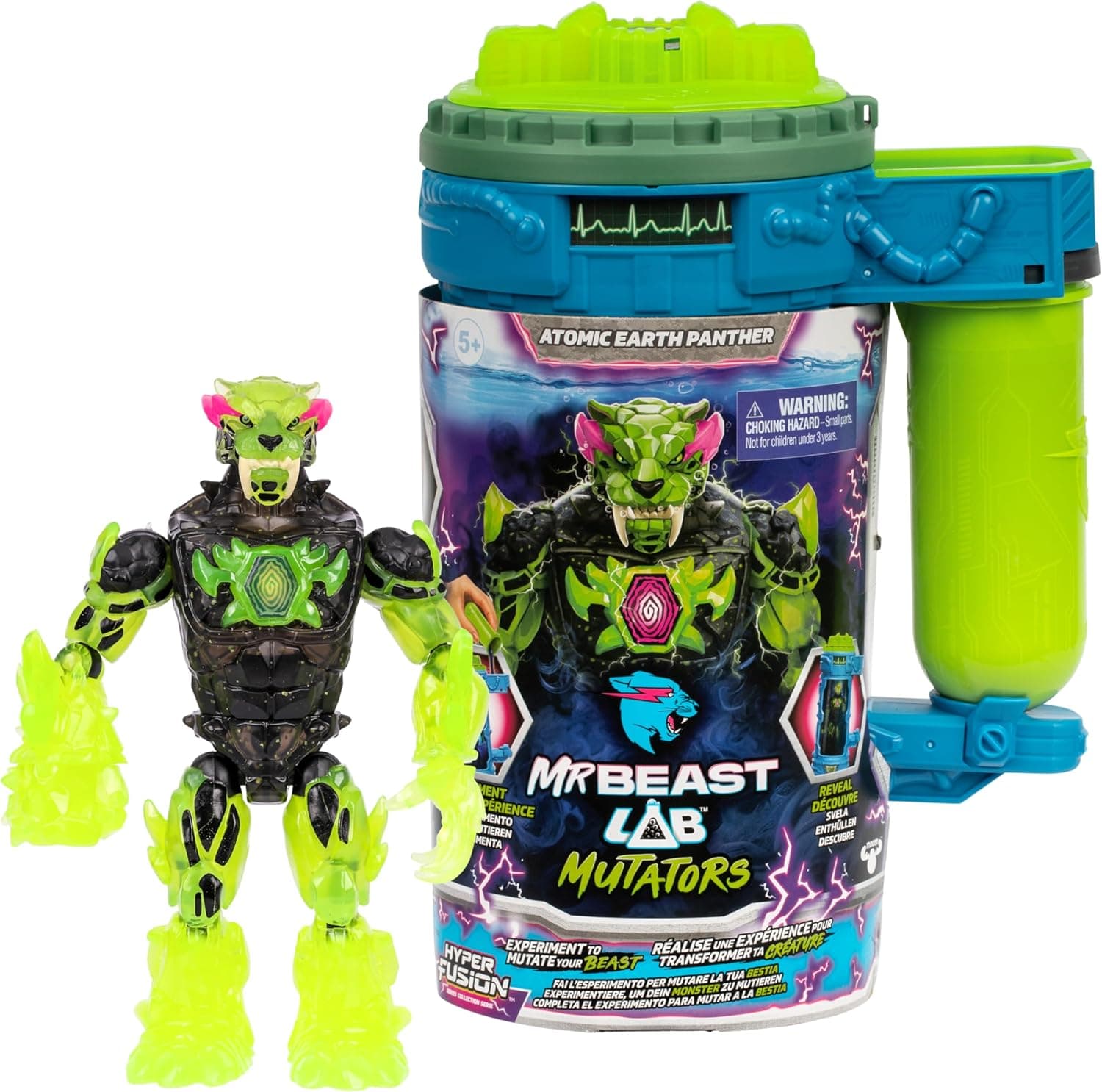 MrBeast Lab Hyper Fusion Mutators, experimenta y CREA, Atomic Earth Panther, añade el líquido de mutación, pulsa el escáner y descubre una Pantera, más de 20 Puntos articulados, colecciona los 3